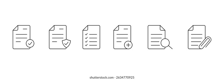 Set of Documents linear icon collection. Contract papers, folder, certificate, accept, approved, clipboard symbol.