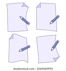 Set of documents with a pencil. Paper documents symbol. Vector hand drawn illustration isolated on white background.