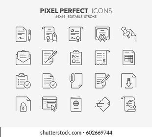 Set of documents thin line icons. Contains icons as contract, certificate, attachment, invoice, deed of sale and more. Editable vector stroke. 64x64 Pixel Perfect.