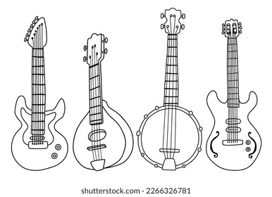  set of doddle guitar. Set of musical instruments. Electric guitar. Line art. Drawing