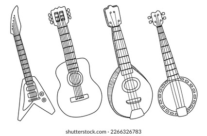  set of doddle guitar. Set of musical instruments. Electric guitar. Line art. Drawing