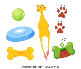 Juego de accesorios para perros, disco volador, hueso, pollo de caucho, bolsitas de inodoro y pinturas aisladas en fondo blanco. Suministros y artículos para mascotas. Ilustración del vector de dibujos animados