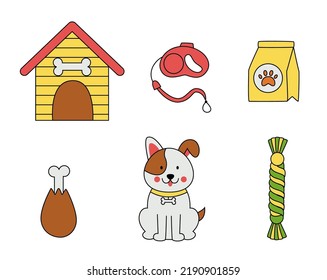 Set of dog and dog accessories in cartoon style on white background.