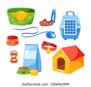 Set Of Dog Accessories, Couch With Pillow, Food In Bowl with Paw Prints, Tin Can And Package, Cage And Kennel. Leash, Collar and Muzzle Isolated Stuff For Puppies. Cartoon Vector Illustration