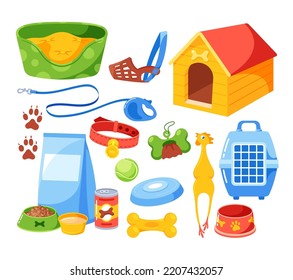 Accesorios para perros, sofá con almohada, comida en bolas, latas y paquetes, juguetes, jaulas y Kennel. Correa con boquilla, pinturas de pata y pimientos aislados de huesos para cachorros. Ilustración del vector de dibujos animados