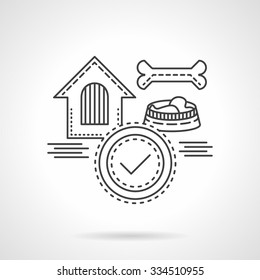 Set of dog accessories. Doghouse, bone and pets bowl. Check of comfort life for your pets. Flat thin line style vector icon. Single web design element for site or mobile app.