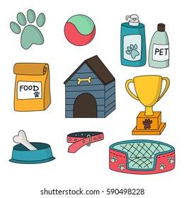Set of dog accessories isolated on white background. Colorful flat icons, logo, pictogram, infographic element, vector illustration.