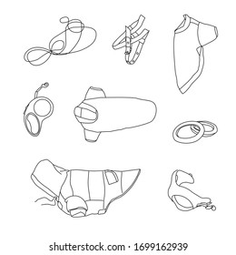 Set of dog accessories for a walk. Linear drawings of clothes for the Yorkshire Terrier, leash, toy, harness