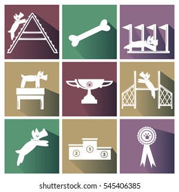 Set of dog agility competition icons. Funny dog with different agility equipment, winner podium, winner cup and ribbon.