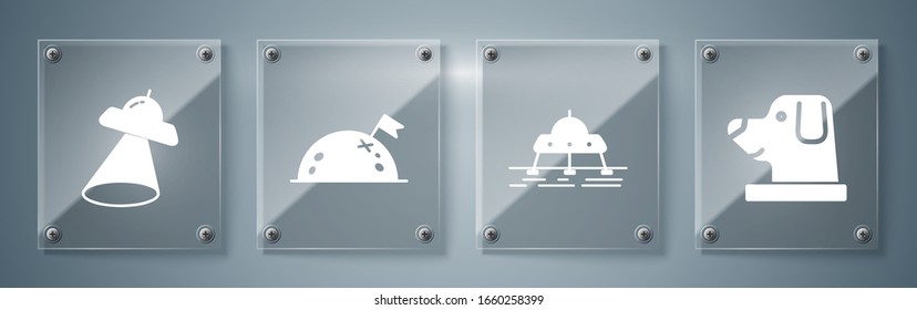 Set Dog in astronaut helmet, Mars rover, Planet with flag and UFO flying spaceship. Square glass panels. Vector