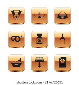 Set Dog award symbol, Cat litter tray with shovel, Hair brush for dog and cat, Medicine bottle pills, Retractable cord leash, Pet food bowl, Clinical record pet and nose icon. Vector