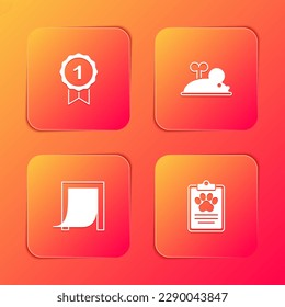 Set Dog award symbol, Clockwork mouse, Door for pet and Clinical record icon. Vector