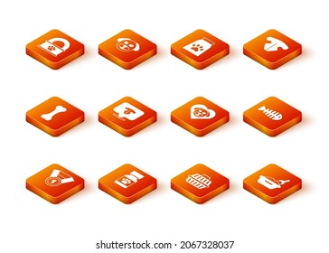 Set Dog award symbol, Medicine bottle and pills, bone, Cat nose, Pet carry case, Heart with dog, litter tray shovel and Fish skeleton icon. Vector