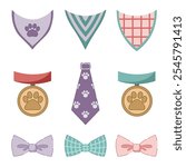 Set of dog  bandana scarfs, collar, bow ties in vintage flat style. Pet decoration for dog party