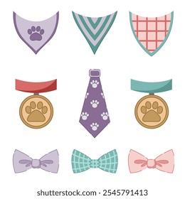 Set of dog  bandana scarfs, collar, bow ties in vintage flat style. Pet decoration for dog party