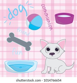 Set dog, bed, bowl, bone, ball. Cute dog and accessories for dogs. Vector. Illustration.