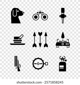 Set Dog, Binoculars, Torch flame, Shotgun, Trap hunting, Camping gas stove, Hunter hat with feather and Hipster arrows icon. Vector
