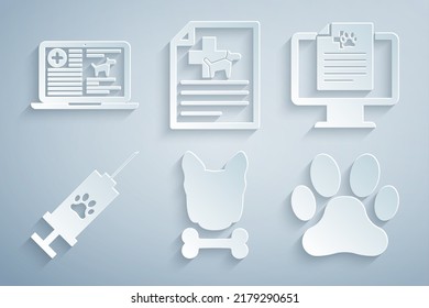 Set Dog and bone, Clinical record pet monitor, Syringe with vaccine, Paw print, Medical certificate for dog cat and laptop icon. Vector