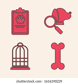 Set Dog bone, Clipboard with medical clinical record pet, Veterinary clinic symbol and Cage for birds icon. Vector