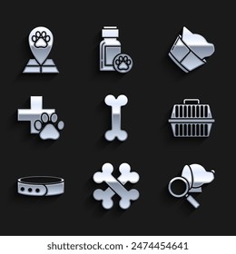 Hueso del perro, huesos cruzados, símbolo de la clínica veterinaria, estuche de transporte para mascotas, collar con etiqueta con nombre e icono del hospital de medicina veterinaria. Vector