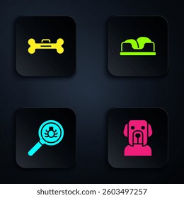 Set Dog, bone, Flea search and Pet bed. Black square button. Vector
