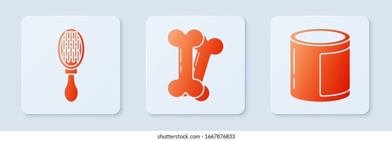 Set Dog bone, Hair brush for dog and cat and Canned food. White square button. Vector