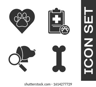 Set Dog bone, Heart with animals footprint, Veterinary clinic symbol and Clipboard with medical clinical record pet icon. Vector