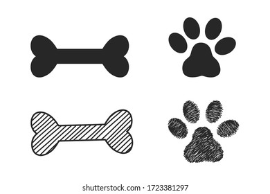 Set of Dog bone and paw print isolate on white background.