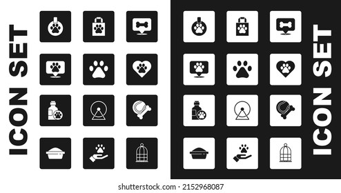 Set Dog bone, Paw print, Location veterinary, Collar with name tag, Heart animals footprint, Shopping bag pet, Pet toys rubber and ball and shampoo icon. Vector