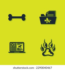 Set Dog bone, Paw print, Clinical record dog laptop and Medical veterinary folder icon. Vector