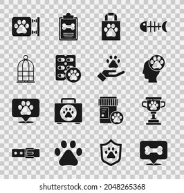 Set Dog bone, Pet award, Human with animals footprint, Shopping bag pet, pill, Cage for birds, Veterinary clinic and Hands icon. Vector