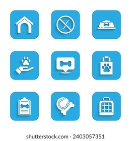 Set Dog bone, Pet toys rubber and ball, carry case, Shopping bag pet, Clinical record, Hands with animals footprint, food bowl and house icon. Vector