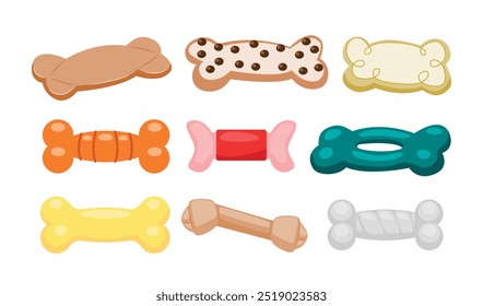 Set of dog bone toy collection, dog bone cartoon, dog bone biscuit set, dog bone treat for pet snack or meal, domestic animal care treatment, chewing food for eat, vector illustration