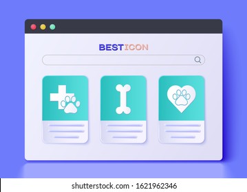 Set Dog bone, Veterinary clinic symbol and Heart with animals footprint icon. Vector