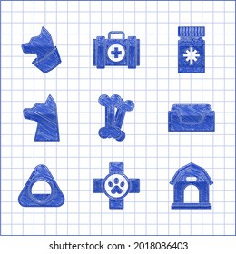Set Dog bone, Veterinary clinic symbol, house, Pet bed, Cat, medicine bottle and pills and  icon. Vector