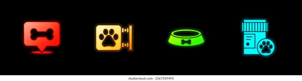 Set Dog bone, Veterinary clinic, Pet food bowl and medicine bottle icon. Vector