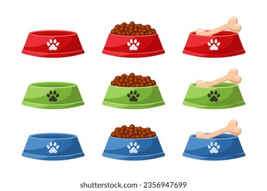 Un conjunto de tazones de perro vacíos, con huesos y comida seca. Bolas con huellas de perro. Ilustración de estilo plano. Vector