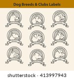 Set of Dog Breeds Labels, Dog Clubs Emblems. Profile Silhouette Dog Faces 