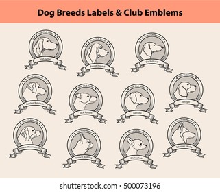 Set of Dog Breeds Labels, Clubs Emblems. Profile Silhouette Pets Portraits. Irish Setter, Labrador, Retriever, Jack Russel, Bernese, French Bulldog, Basset Hound, Chihuahua, Husky, Beagle, Dachshund 