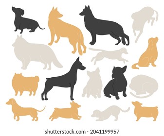 Set of dog breeds silhouettes set in different poses.