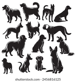 Set of Dog breeds Silhouettes In Different Poses dog on white backgraund.