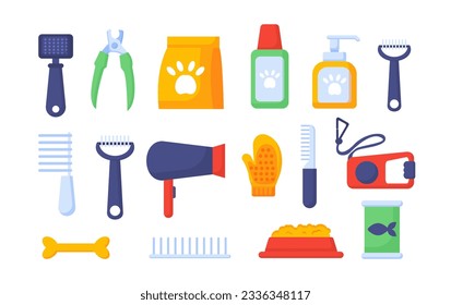 Se establece el concepto de cuidado de perros. Comb, secador de pelo y tijeras. Procedimientos de cultivo y belleza para animales domésticos. Comida para mascotas. Colección vectorial plana de dibujos animados aislada en fondo blanco