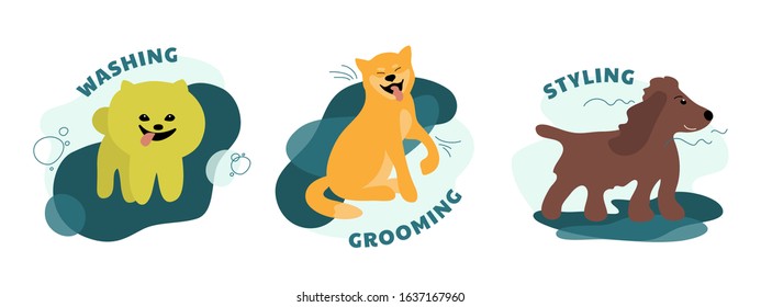 Set of dog care service icons. Concept for pet grooming, styling, washing salon. Isolated vector illustrations with happy puppies of spitz, shiba inu, spaniel. Design of domestic animals for pet shop.