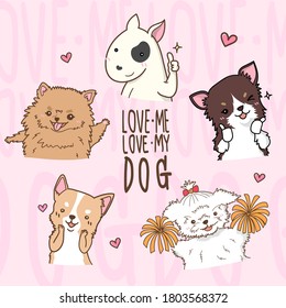 Set Dog Cartoon Design charactor Vector hand drawing