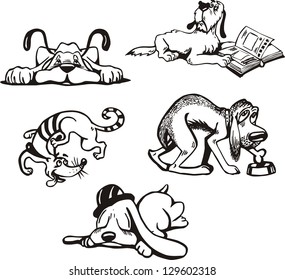 Set of dog cartoons. Black and white vector illustration.