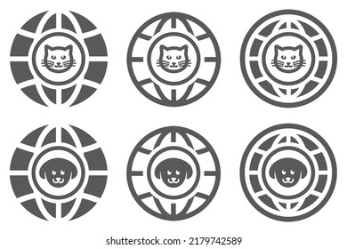 Conjunto de iconos de la cabeza de perro y gato con el globo. Símbolo de mascota en la plantilla de la tierra. Perro y gato. Tienda de mascotas o logotipo de la clínica veterinaria. Vector.