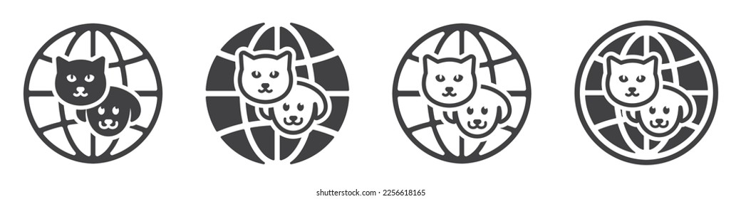 Set of dog and cat head icons with globe. Pet symbol on earth template. Dog and cat. Pet shop or veterinary clinic logo. Vector.