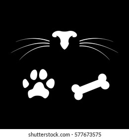 Set Of Dog And Cat Icons. Pet Nose With Whiskers, Paw And Bone. Vector Illustration