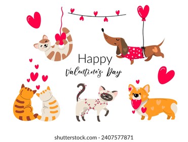 Juego de stickers de perros y gatos para el Día de San Valentín. Aislar sobre un fondo blanco. Clipart, ilustración vectorial.