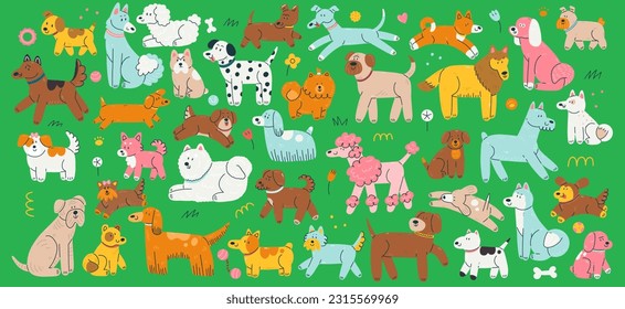 A set with dog characters in a funny cartoon flat style. Vector animal illustration.